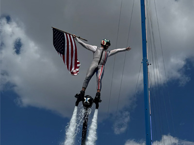Water Jetpack pilot with American flag